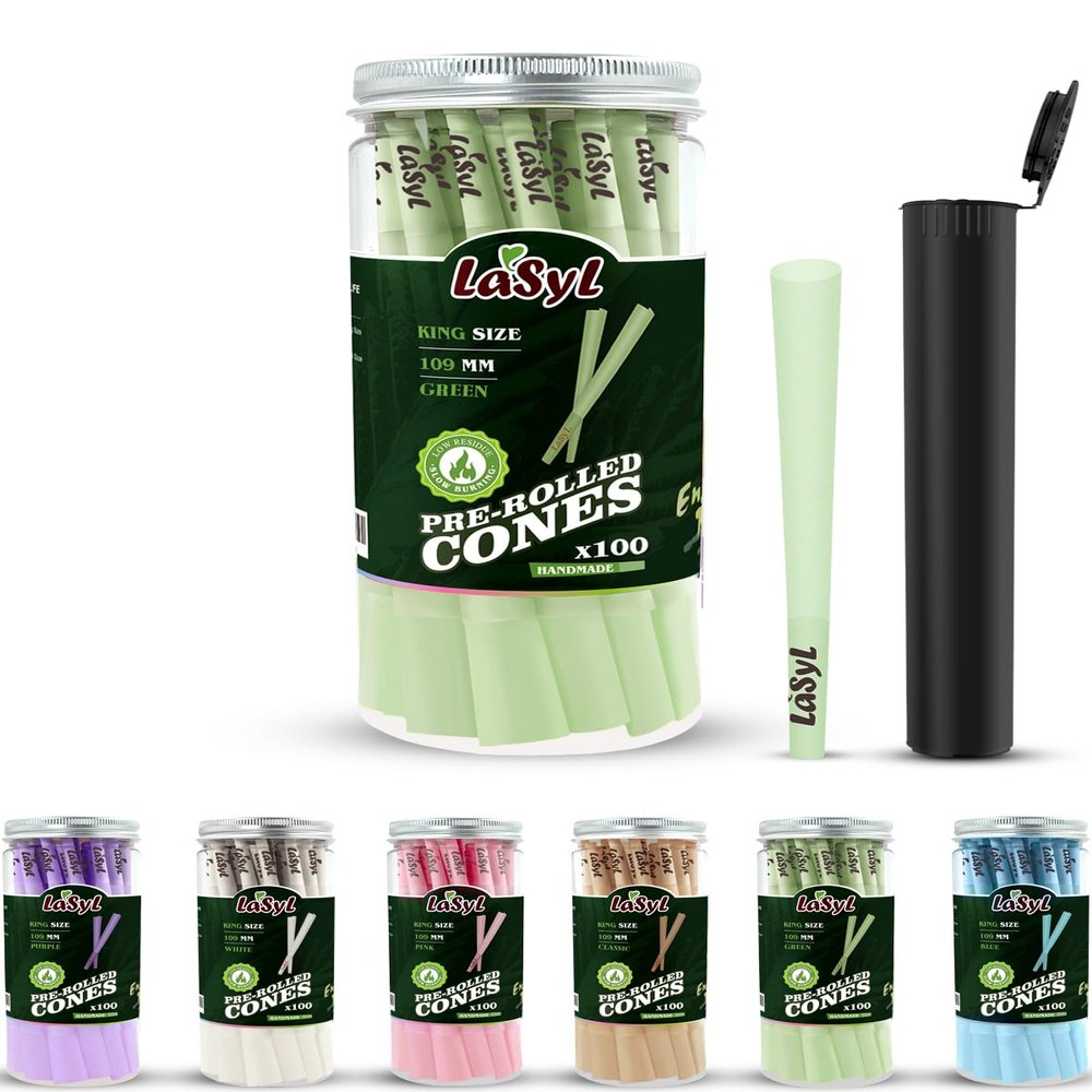 LaSyL Green Pre Rolled Cones | 100 Pack King Size Cones Rolling Paper (4.3inch/109mm) | Preroll Papers with Filter Tips and Packing Tubes | Burn Slow and Even