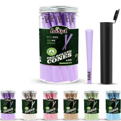 LaSyL Purple Pre Rolled Cones | 50 Pack King Size Cones Rolling Paper (4.3inch/109mm) | Preroll Papers with Filter Tips and Packing Tubes | Burn Slow and Even