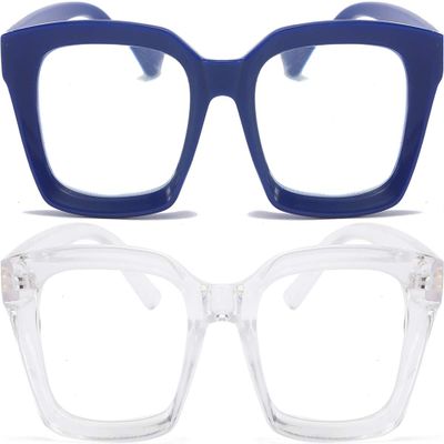 REAVEE 2 Pack Oprah Style Oversized Reading Glasses for Women Men Blue Light Blocking, Ladies Stylish RetroSquare Large Computer Readers (Blue/Clear 1.75x)