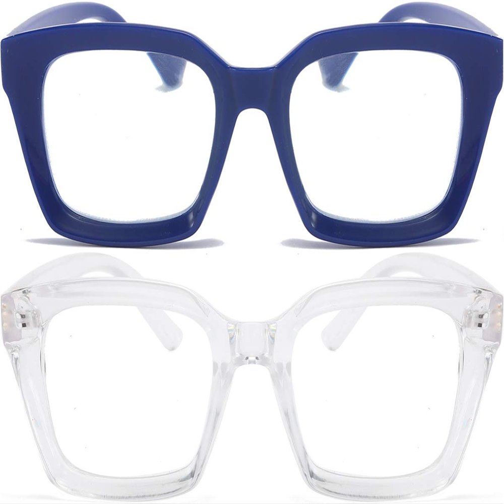 REAVEE 2 Pack Oprah Style Oversized Reading Glasses for Women Men Blue Light Blocking, Ladies Stylish RetroSquare Large Computer Readers (Blue/Clear 1.75x)
