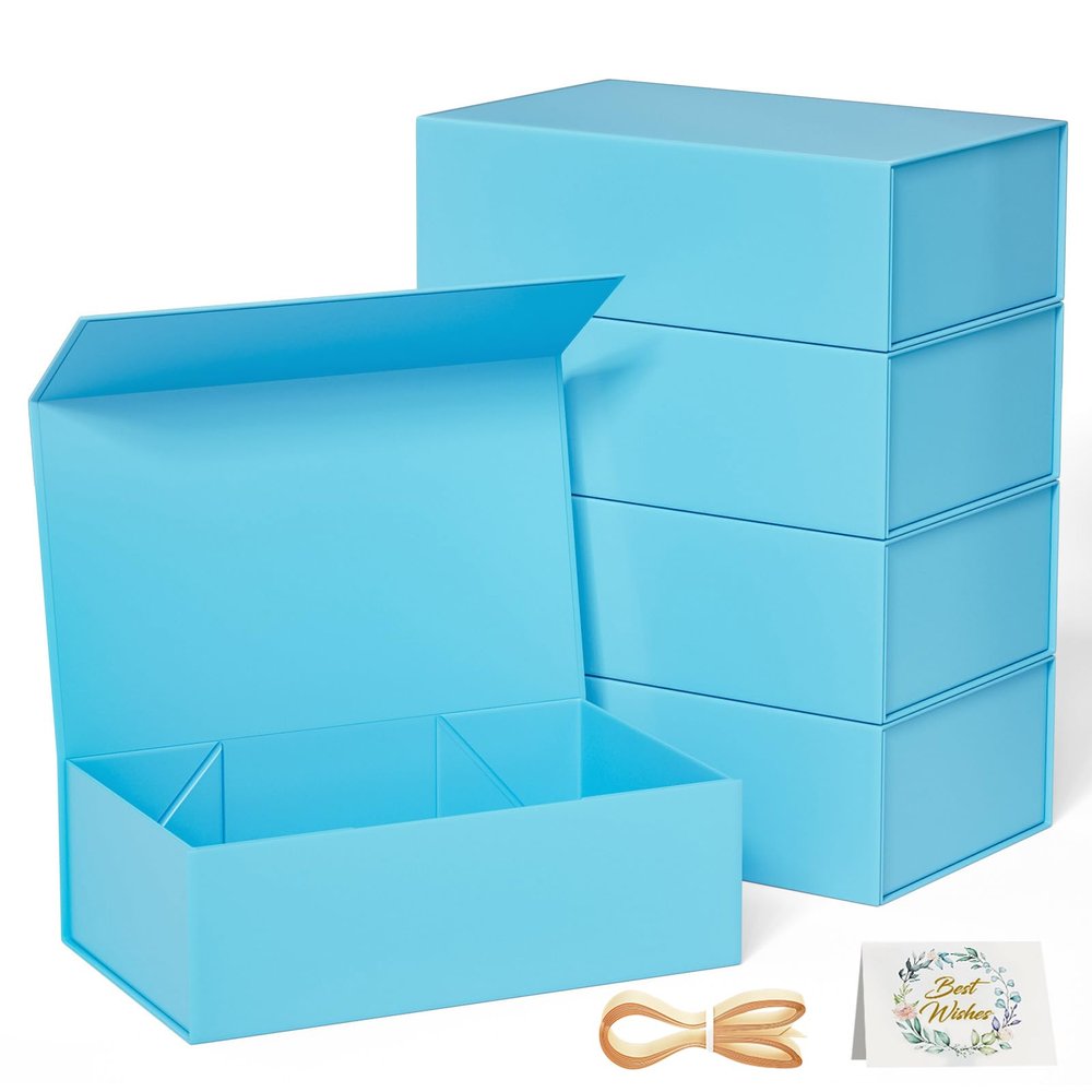 RYDDOY 5 Pack Blue Gift Box, 12x6x4'' Gift box for Presents with Lids Magnetic Closure Rectangle Collapsible for Bridesmaid Proposal Box, Wedding, Christmas, Halloween, Birthday Gift Packging