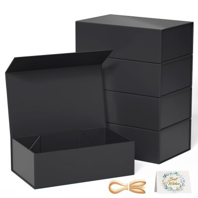 RYDDOY 5 Pack Black Gift Box, 12x6x4'' Gift box for Presents with Lids Magnetic Closure Rectangle Collapsible for Groomsman Proposal Box, Wedding, Christmas, Halloween, Birthday Gift Packging