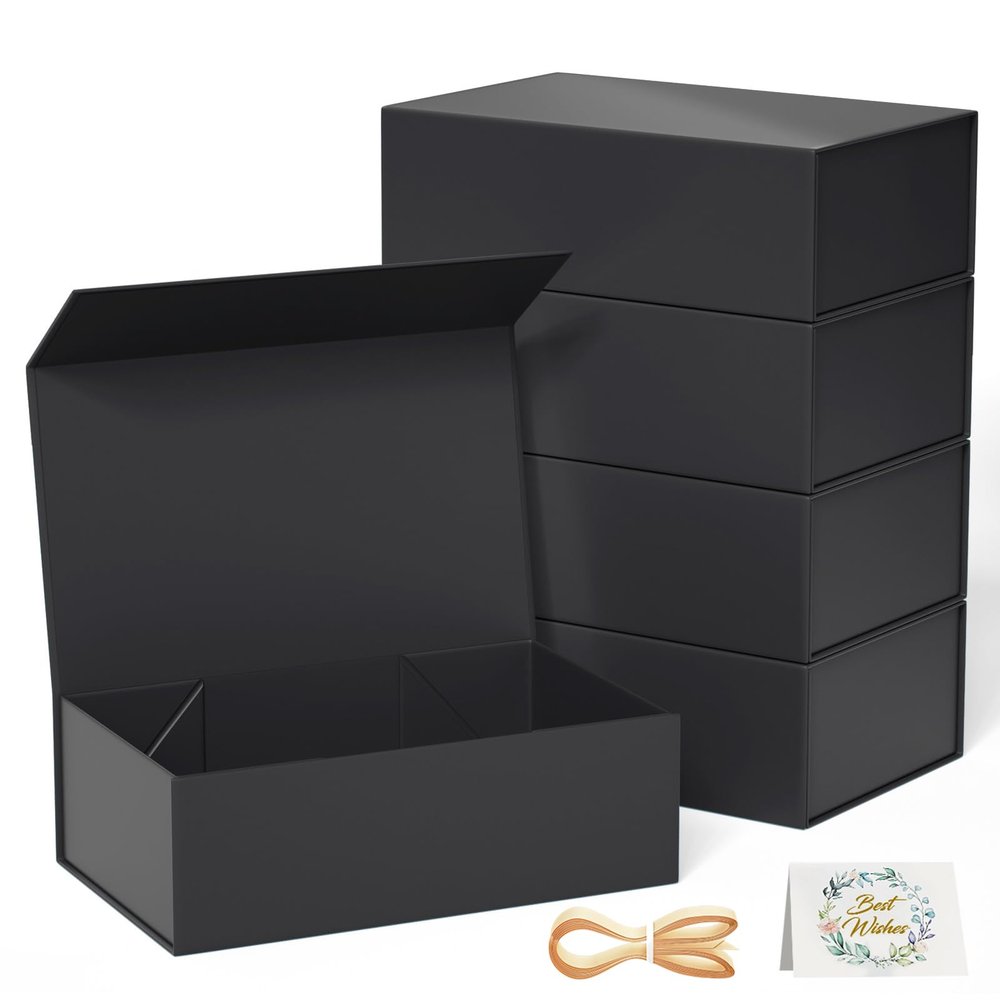 RYDDOY 5 Pack Black Gift Box, 12x6x4'' Gift box for Presents with Lids Magnetic Closure Rectangle Collapsible for Groomsman Proposal Box, Wedding, Christmas, Halloween, Birthday Gift Packging
