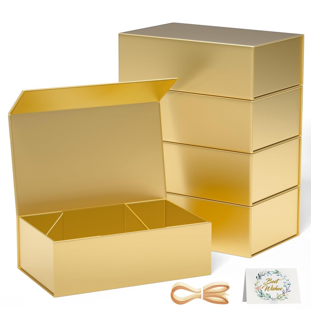 RYDDOY 5 Pack Gold Gift Box, 12x6x4'' Gift box for Presents with Lids Magnetic Closure Rectangle Collapsible for Bridesmaid Proposal Box, Wedding, Christmas, Halloween, Birthday Gift Packging