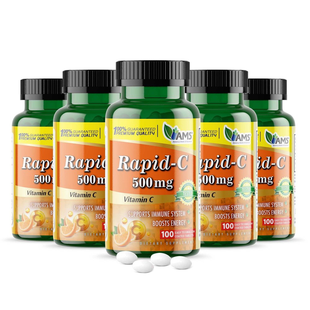 America Medic & Science Rapid-C 500mg Vitamin C Supplement 500 Tablets (5 Pack of 100 Tablets) Daily Immune System Support, Antioxidant | Vegan, Non-GMO Coated Ascorbic Acid for Adult Men & Women