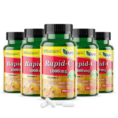 America Medic & Science Rapid-C 1000mg Vitamin C Supplement (5 Pack of 100 Tablets) Energy Booster, Daily Immune System Support, Antioxidant | Vegan, Non-GMO Coated Ascorbic Acid for Adult Men & Women