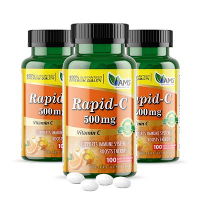 America Medic & Science Rapid-C 500mg Vitamin C Supplement (3 Pack of 100 Tablets) Energy Booster, Daily Immune System Support, Antioxidant | Vegan, Non-GMO Coated Ascorbic Acid for Adult Men & Women