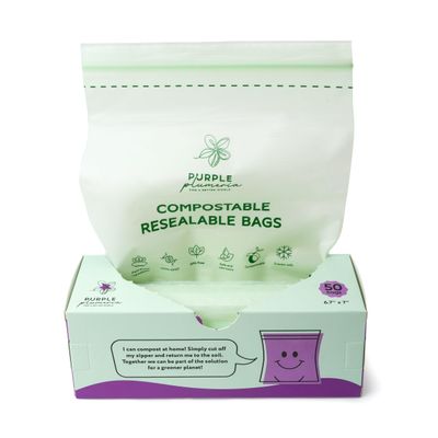 100% Compostable Resealable Food Storage Bags, Biobased, Leak-Proof and Freezer-Safe, Extra Strong & Durable, 50 Count (Quart Size)
