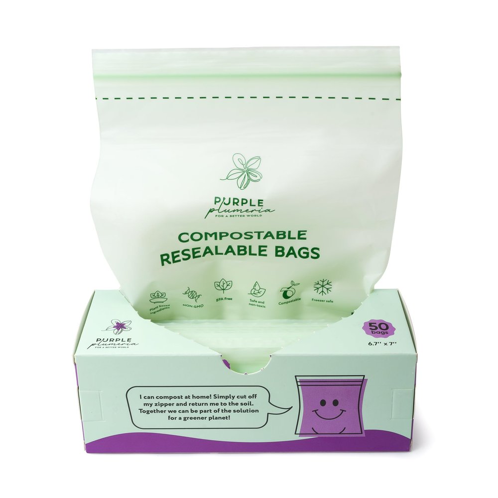 100% Compostable Resealable Food Storage Bags, Biobased, Leak-Proof and Freezer-Safe, Extra Strong & Durable, 50 Count (Quart Size)