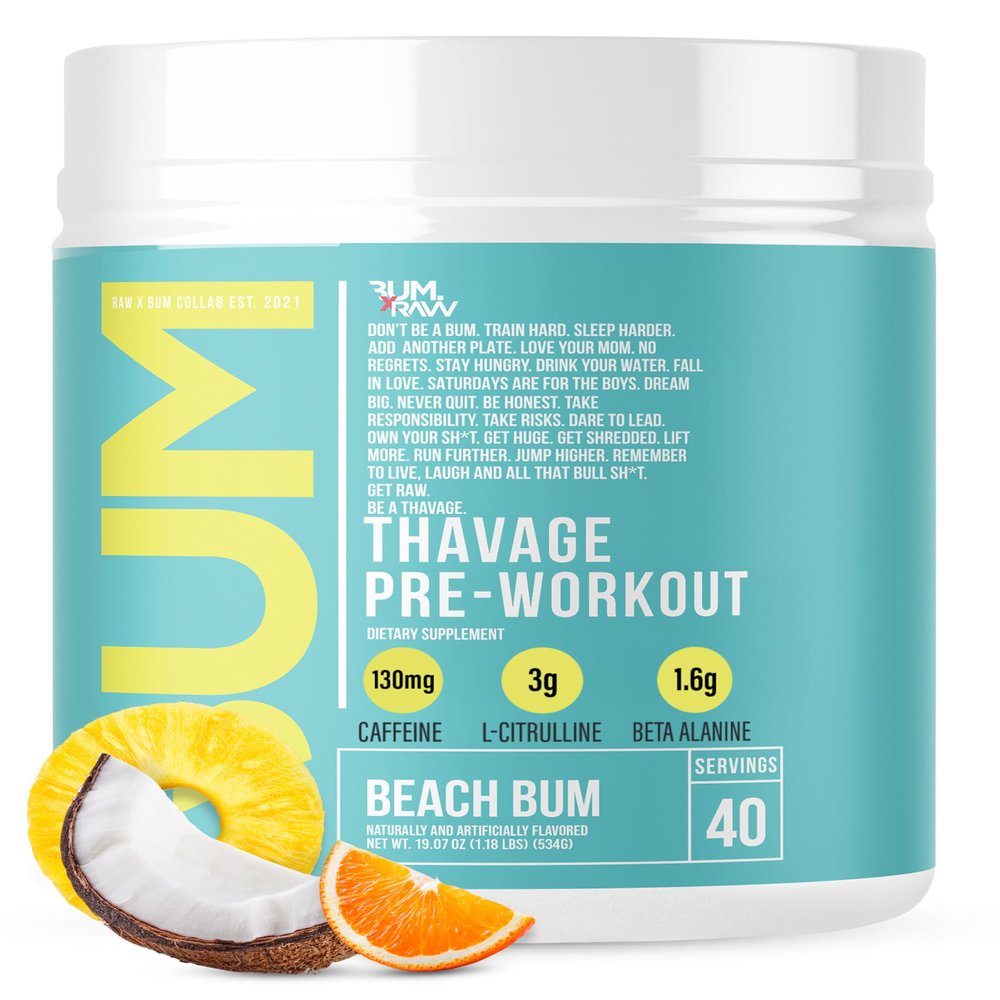 RAW Pre Workout Powder, Thavage (Beach Bum) - Chris Bumstead Sports Nutrition Supplement for Men & Women - Cbum Pre Workout for Working Out, Hydration, Mental Focus & Energy - 40 Servings