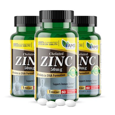 America Medic & Science Chelated Zinc 50 mg Supplements (3 Pack of 60 Tablets) Immune Booster and Powerful Antioxidant Pills for Adults Men and Women | Highly Absorbable Mineral, Improves Mood & Sleep
