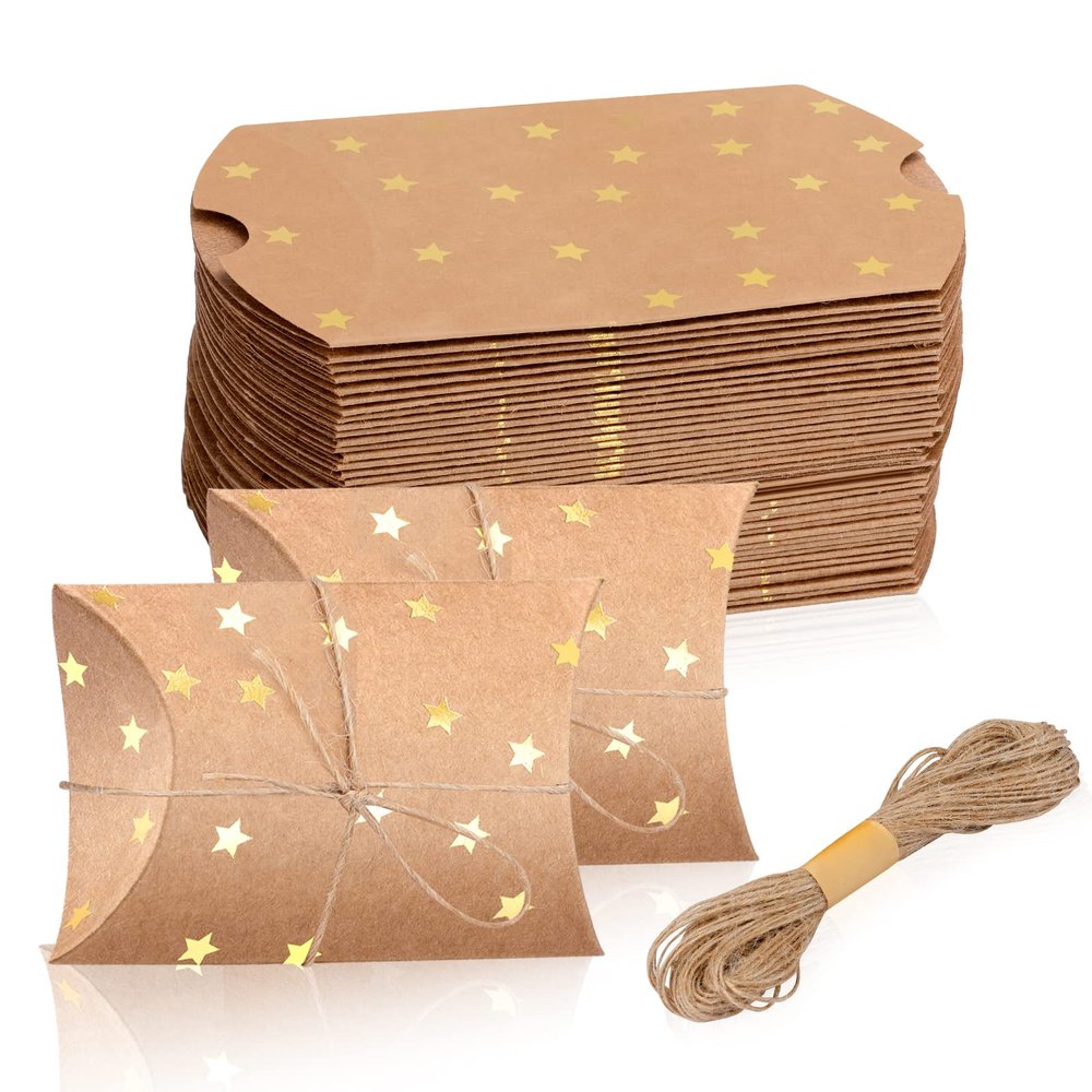 100 Pieces 2.36x3.5x0.98 inch Small Gift Pillow Boxes for Gifts Kraft New Year Gift Box Christmas Pillow Boxes Pillow Gift Boxes with Jute String for Wedding New year Present and Birthday Party Favor
