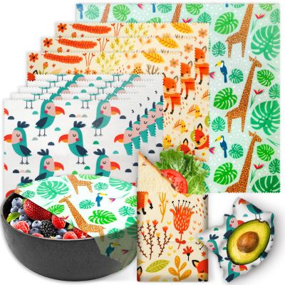 Reusable Beeswax Wrap - 9 Pack, Beeswax Wraps for Food, Eco-Friendly Beeswax Food Wrap, Organic, Sustainable, Biodegradable, Zero Waste, Plastic-Free Food Storage (1L Giraffe | 3M Fox | 5S Bird)