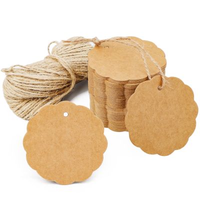 Segarty Craft Tags - 100 PCS Brown Flower Paper Gift Tags with 65 Feet Jute Twine for Wedding Birthday Gifts, Craft Projects