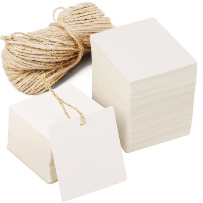 Segarty Craft Gift Tags - 200 Pcs White Square Craft Tags with 100 Ft Jute Twine, for DIY Wedding Favor, Xmas Birthday Gift Wrapping