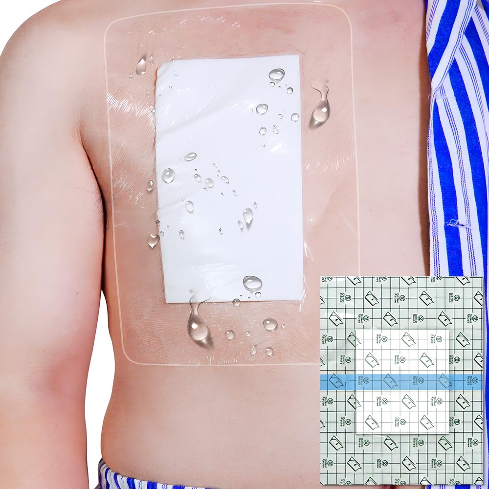 Waterproof Dialysis Catheter Shower Protector, with Non Stick Central Pad, Shower Cover for Chest Port Site Shield Large Bandages Feeding Tube G Tube Accesorries(10"x12"+Pad, Pack of 7)