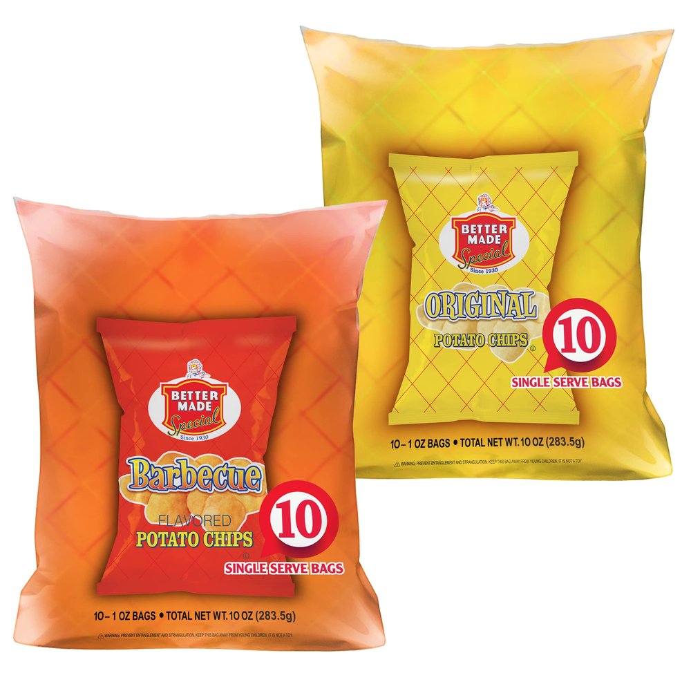 Better Made Special Original & BBQ Flavor Potato Chips 2 Ten Packs (20) x Lunch Snack Bags 1oz (10 of Each Flavor) - Gluten Free - Family Owned in Detroit - Variety Pack