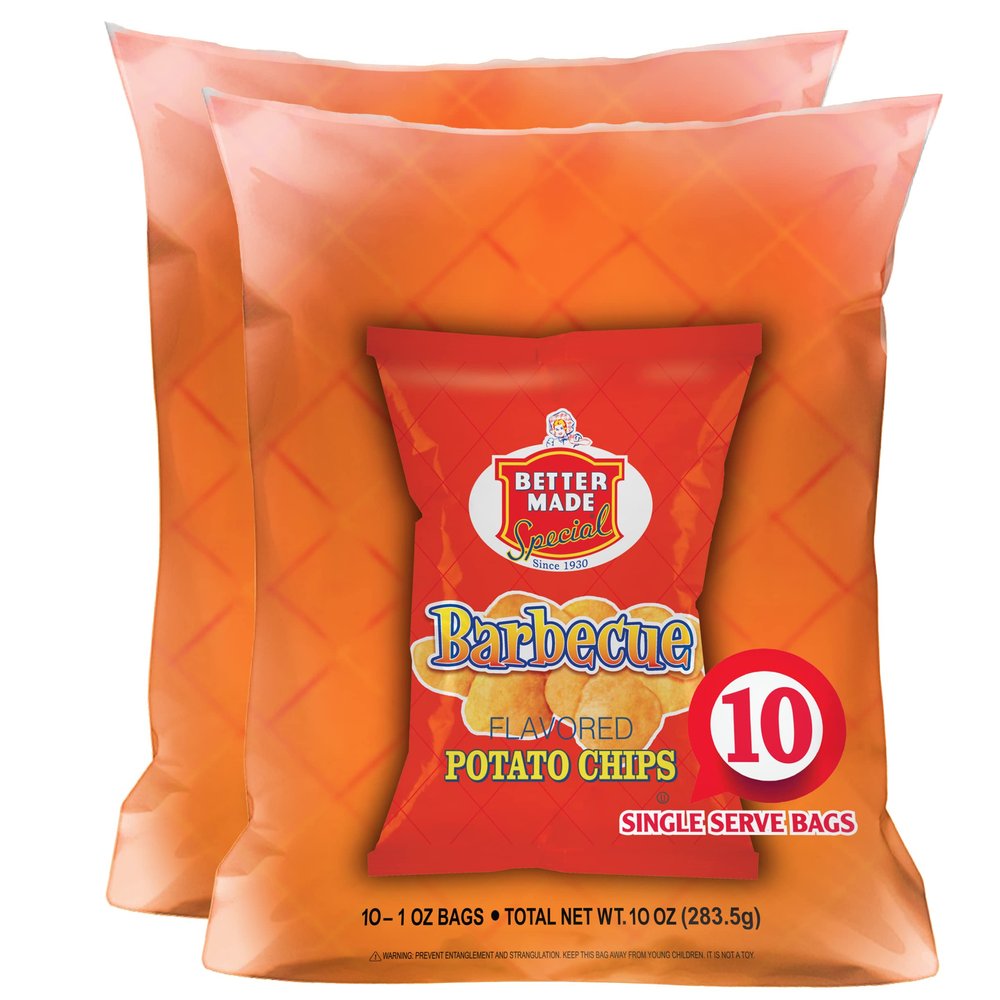 Better Made Special BBQ Flavor Potato Chips 2 Ten Packs (20) Lunch Snack Bags 1oz (Pack of 20) - Gluten Free - Family Owned in Detroit - Barbecue