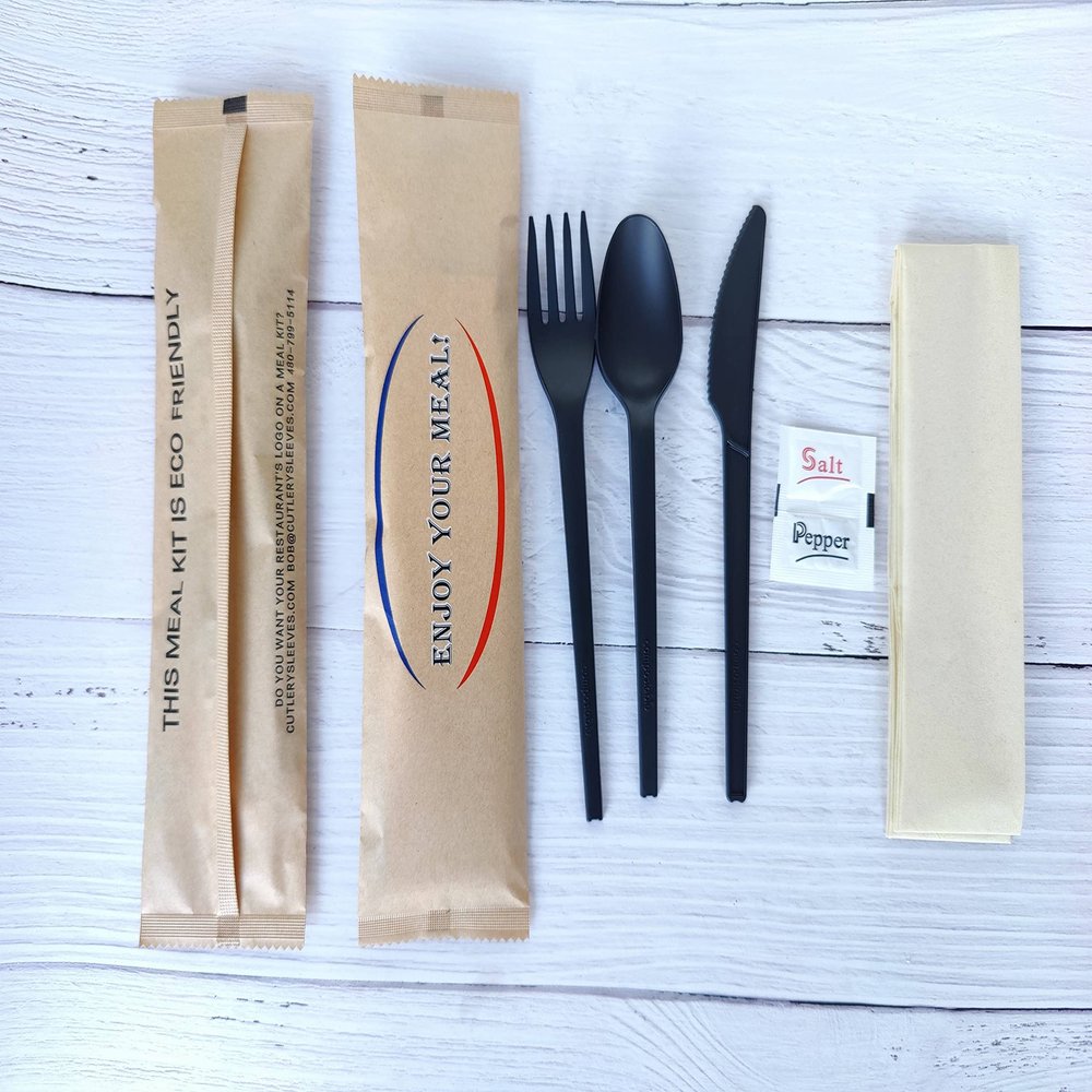 Eco Kraft Heavy Duty Compostable Cutlery Kit with 2ply Bamboo Napkin, Black PLA Cutlery & PC Salt & Pepper