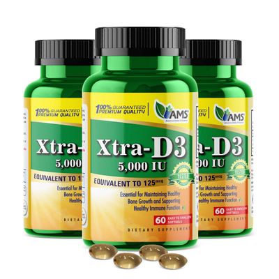 America Medic & Science Xtra D3 Vitamin D 5,000 IU (125 mcg)Cholecalciferol Supplement for Men & Women(180Easy to Swallow Softgels) 3pack|Best for Bone,Heart Health,Immune System Support,Lung Function