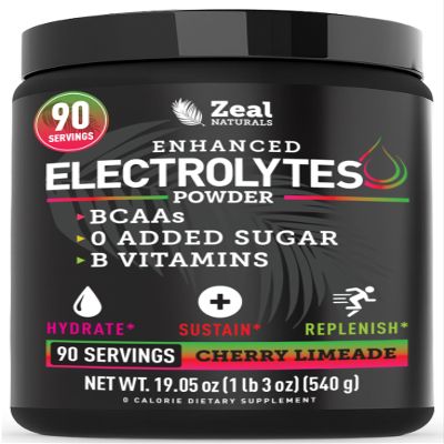 Zeal Electrolyte Powder - 90 Servings | Keto Electrolytes Powder | Zero Sugar, BCAAs, B-Vitamins | Potassium, Zinc, Magnesium | Hydration Powder Recovery Drink | Cherry Limeade