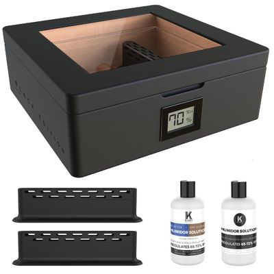 CASE ELEGANCE MAG Cigar Humidor, Glass Top with Magnetic Seal, Storage for 20-30 Cigars, Matte Black with Custom Polished Black Hardware, Digital Hygrometer, Spanish Cedar, New Hydro Channel