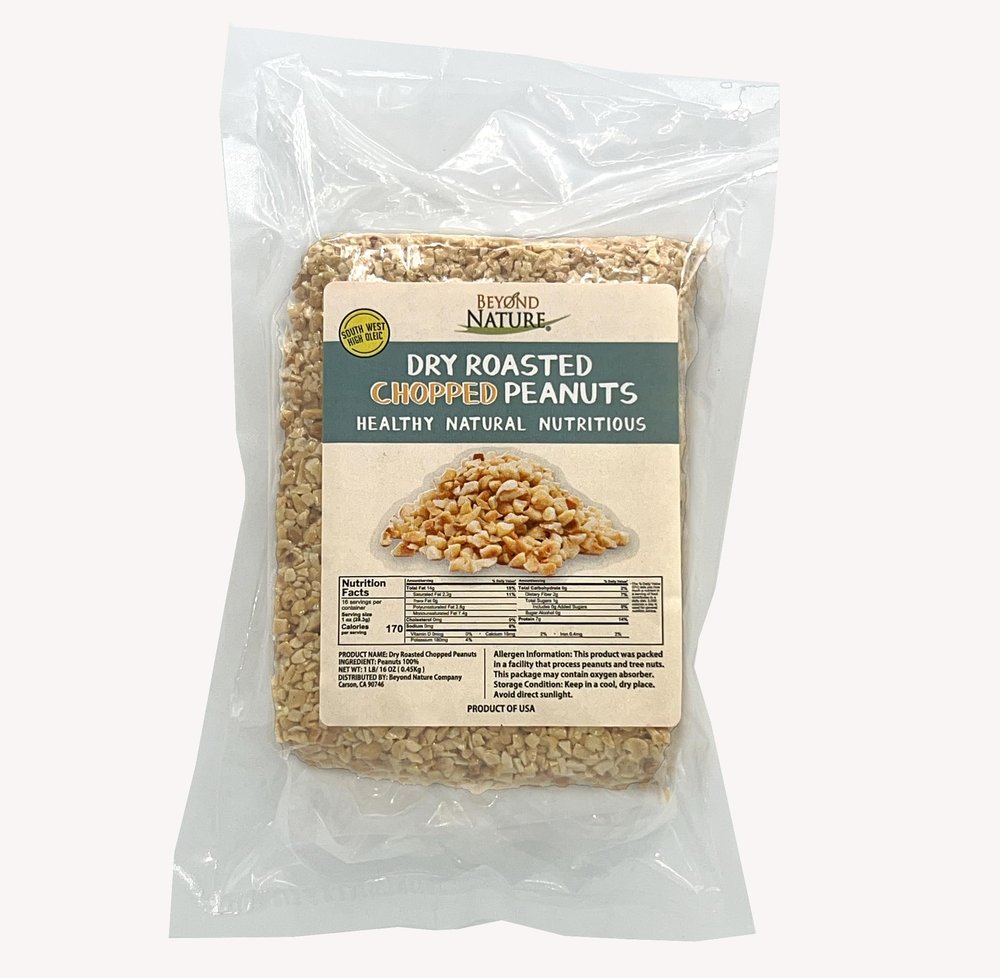 Beyond Nature Dry Roasted Chopped Peanuts  Unsalted 1 Pound (16 oz) Vacuum Sealed, Non GMO, No Oil & No Salt, Low Carb, Keto Friendly & Vegan Snack