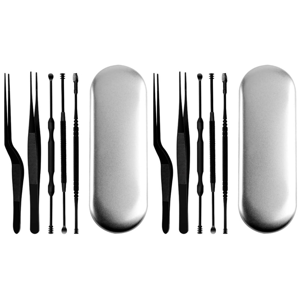 Healifty 12pcs Ear Cleaning Tool Set Stainless Steel Double-Ended Ear Picks for Home Travel Portable and Easy to Use Black