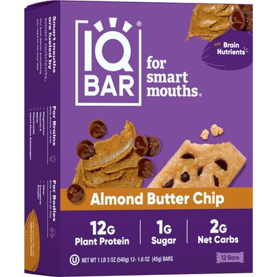 IQBAR Almond Butter Chip Protein Bar, High Fiber, Gluten Free, 1.6 Ounces (Pack Of 12)