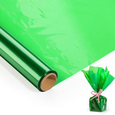 100FT Green Cellophane Wrap Roll (17 in. Wide x 100ft. Long x 2.3 Mil Thick) - Green Transparent Cellophane Roll for Gift Basket Wrap - Plastic Wrap for Decorations, Treats, Christmas Tree Wrapping.