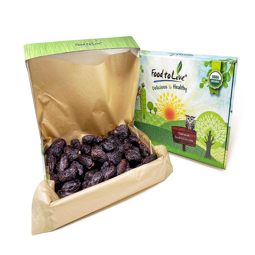 Food to Live Organic Medjool Dates, 5 Pounds Box Non-GMO, Whole Dried Dated with Pits, Large Size, Unsweetened, Vegan, Sirtfood, Bulk. Good Source of Potassium, Magnesium, and Dietary Fiber.