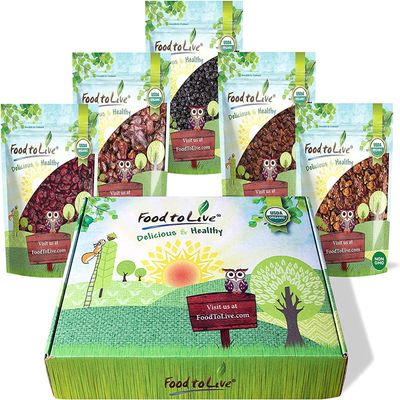 Food to Live - Organic Dried Berries in a Gift Box - A Variety Pack of Blueberries, Strawberries, Cranberries, Goldenberries and Raisins