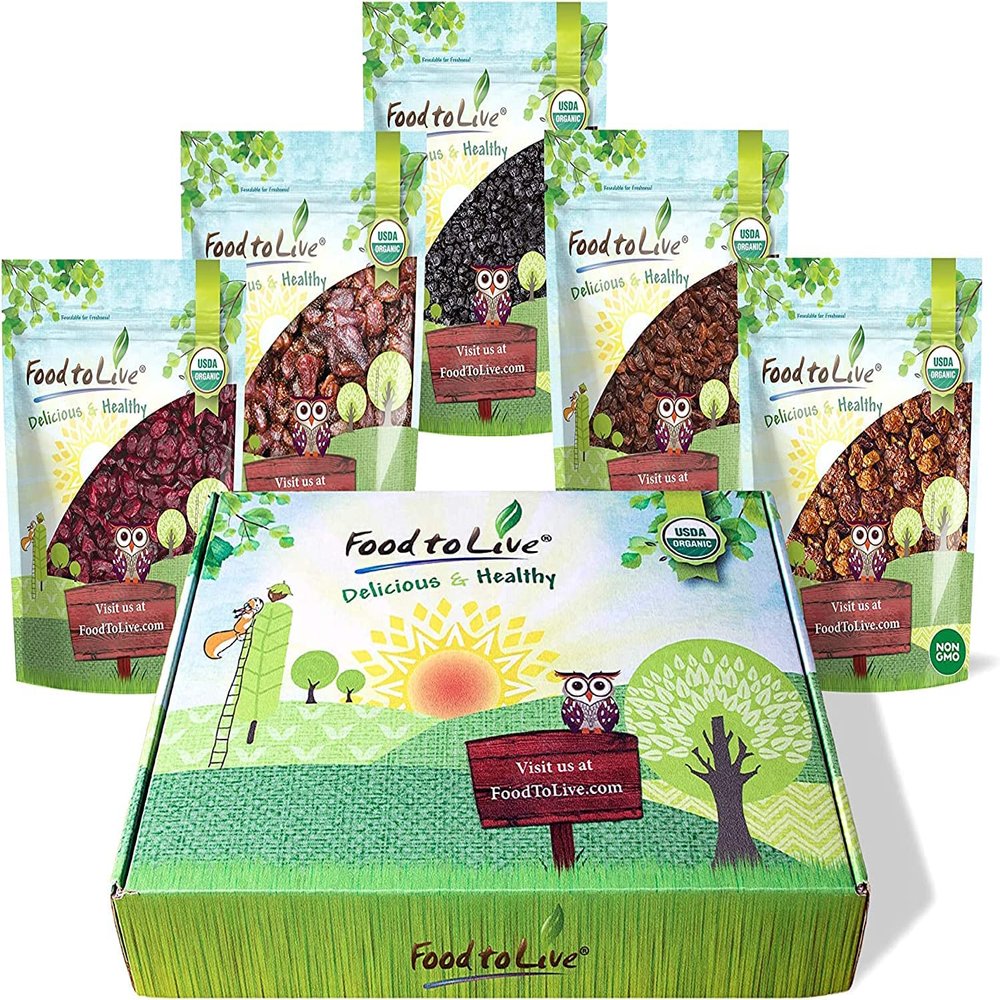 Food to Live - Organic Dried Berries in a Gift Box - A Variety Pack of Blueberries, Strawberries, Cranberries, Goldenberries and Raisins