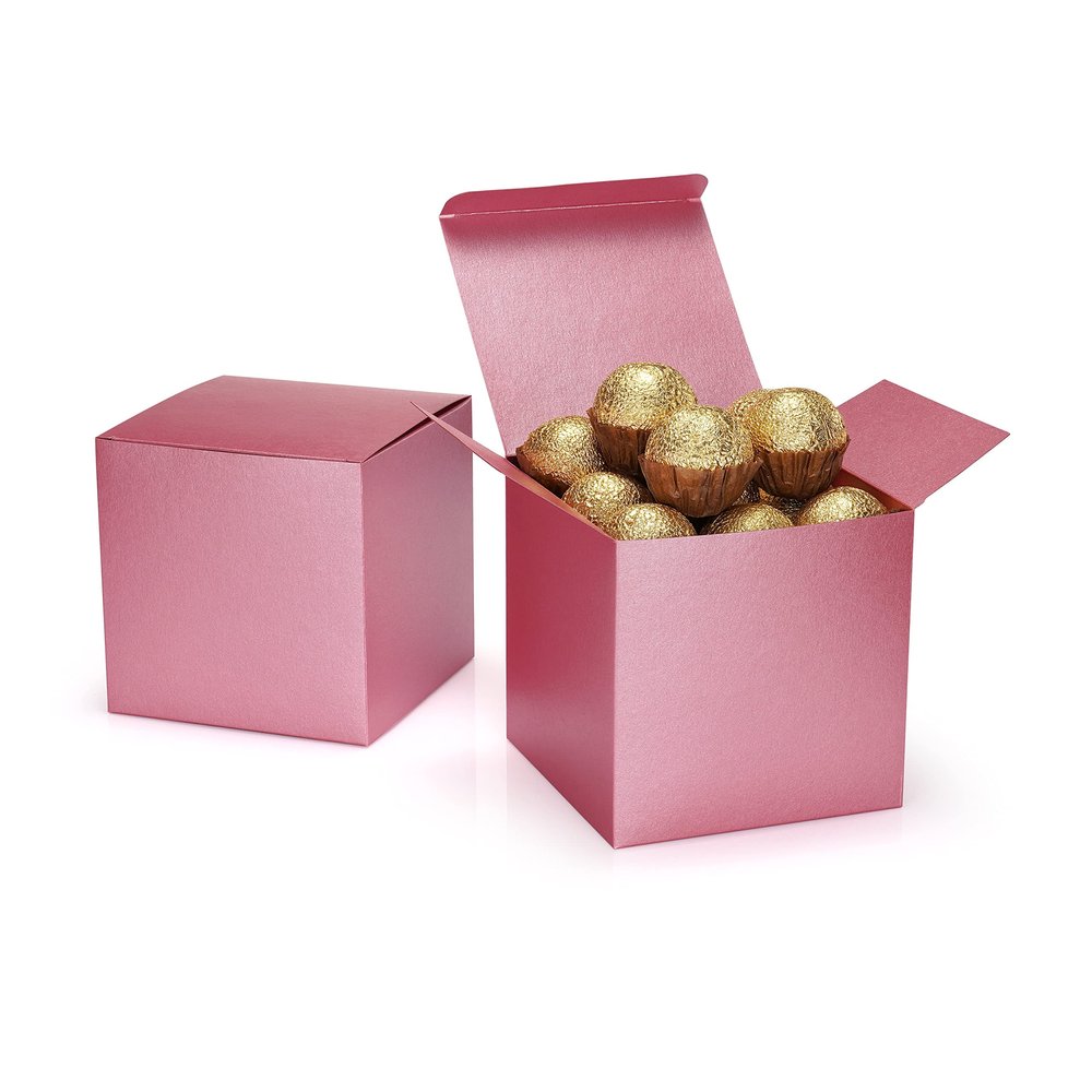 Quotidian Rose Pink Foldable Small Vintage Italian Pearlescent Paper Glitter Gift Boxes with Lids 2" x 2" x 2" (5 x 5 x 5cm) Pack of 12 - Cookie Bakery Candy Party Wedding Holiday