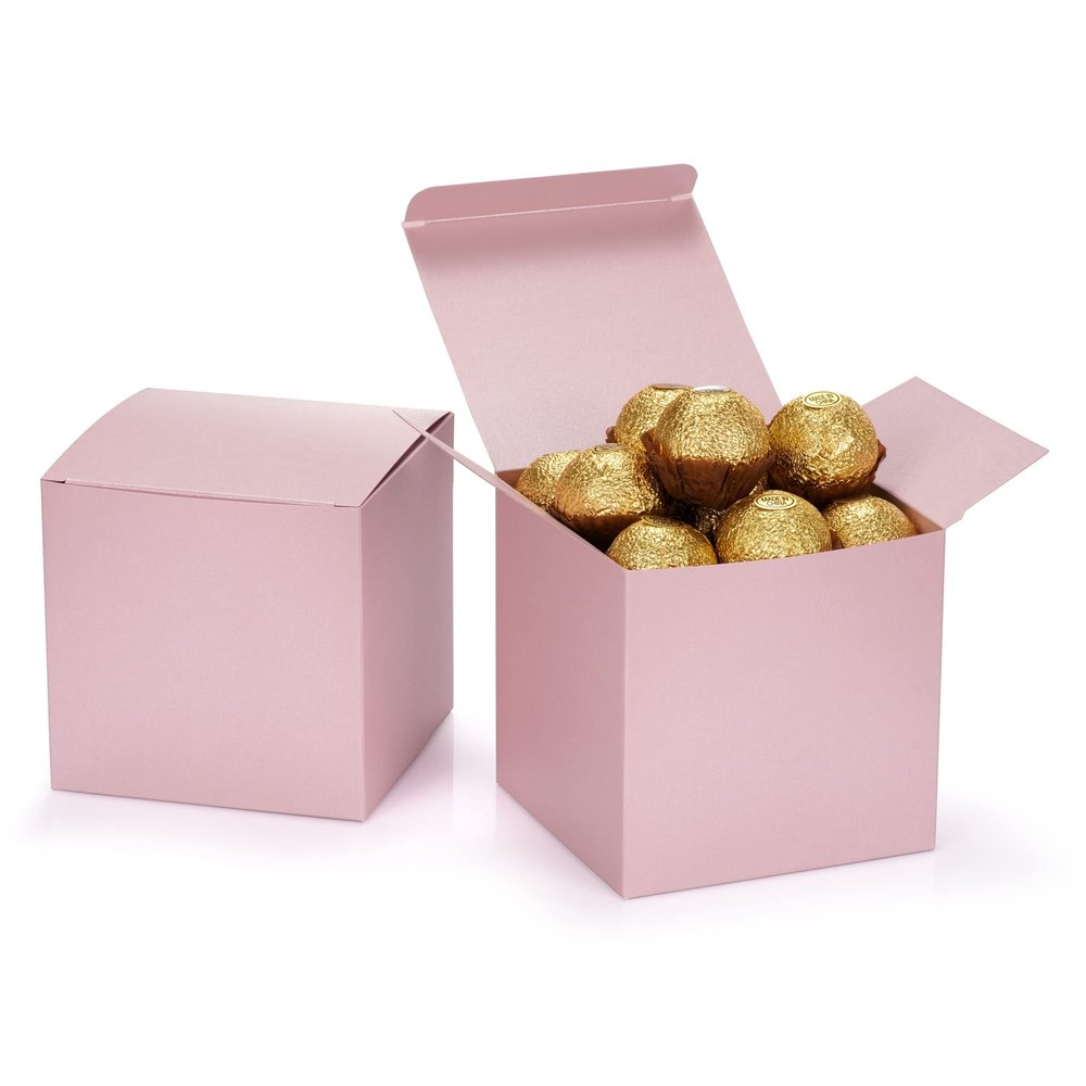 Quotidian Baby Pink Foldable Large Vintage Italian Pearlescent Paper Glitter Gift Boxes with Lids 4" x 4" x 4" (10 x 10 x 10cm) Pack of 12 - Cookie Bakery Candy Party Wedding Holiday