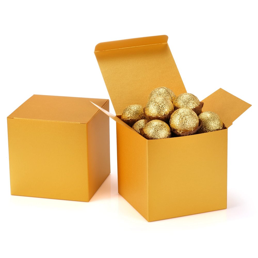 Quotidian Gold Foldable Large Vintage Italian Pearlescent Paper Glitter Gift Boxes with Lids 4" x 4" x 4" (10 x 10 x 10cm) Pack of 12 - Cookie Bakery Candy Party Wedding Holiday