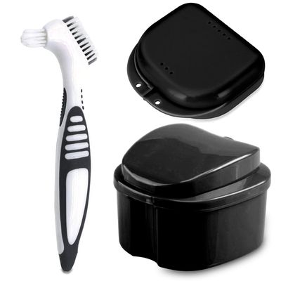 Denture Bath Case Cup with Denture Cleaner Brush & Retainer Holder Box, Complete Clean Care for Dentures, Clear Braces, Mouth Guard, Night Guard & Retainers,Traveling (Black)