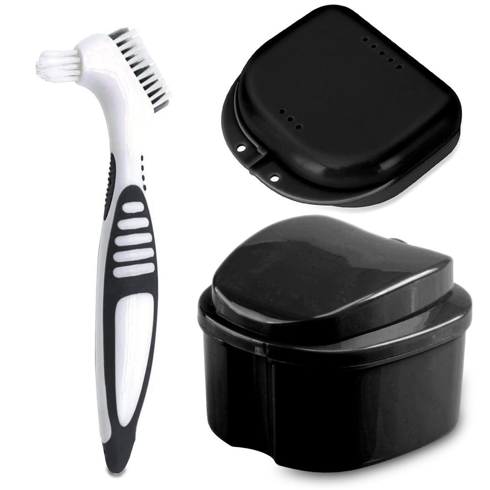 Denture Bath Case Cup with Denture Cleaner Brush & Retainer Holder Box, Complete Clean Care for Dentures, Clear Braces, Mouth Guard, Night Guard & Retainers,Traveling (Black)