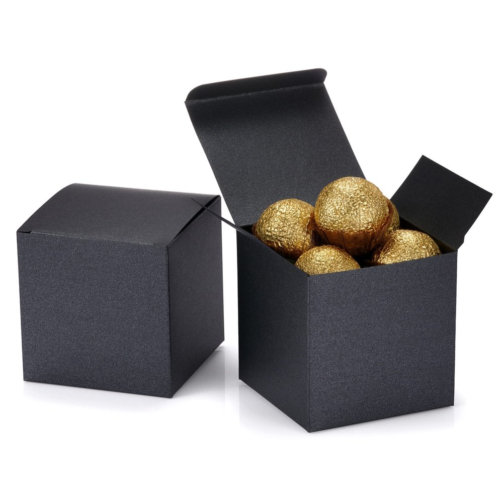 Quotidian Black Foldable Medium Vintage Italian Pearlescent Paper Glitter Gift Boxes with Lids 3" x 3" x 3" (7.6 x 7.6 x 7.6cm) Pack of 36 - Cookie Bakery Candy Party Wedding Holiday