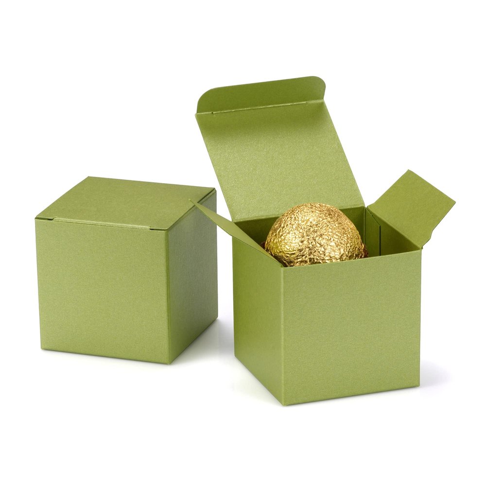 Quotidian Green Tea Foldable Small Vintage Italian Pearlescent Paper Glitter Gift Boxes with Lids 2" x 2" x 2" (5 x 5 x 5cm) Pack of 36 - Cookie Bakery Candy Party Wedding Holiday