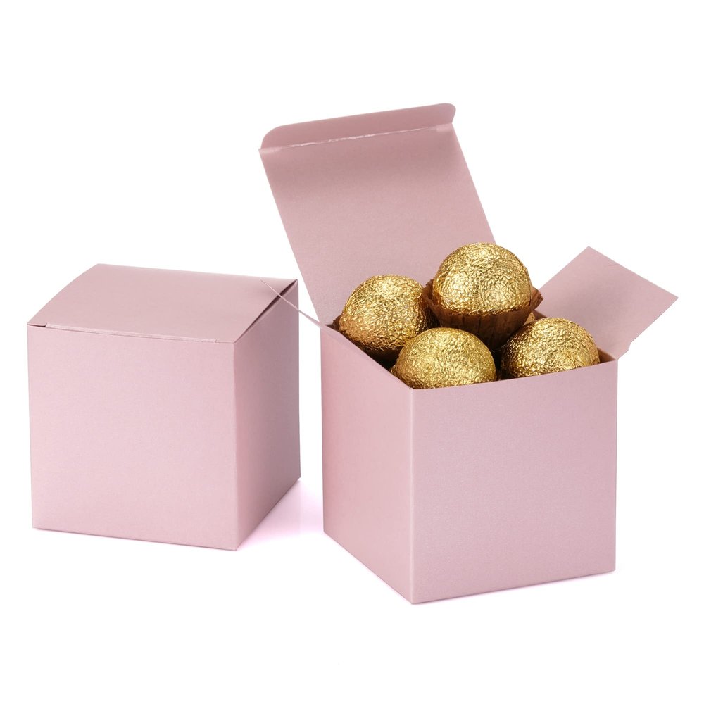 Quotidian Baby Pink Foldable Medium Vintage Italian Pearlescent Paper Glitter Gift Boxes with Lids 3" x 3" x 3" (7.6 x 7.6 x 7.6cm) Pack of 36 - Cookie Bakery Candy Party Wedding Holiday