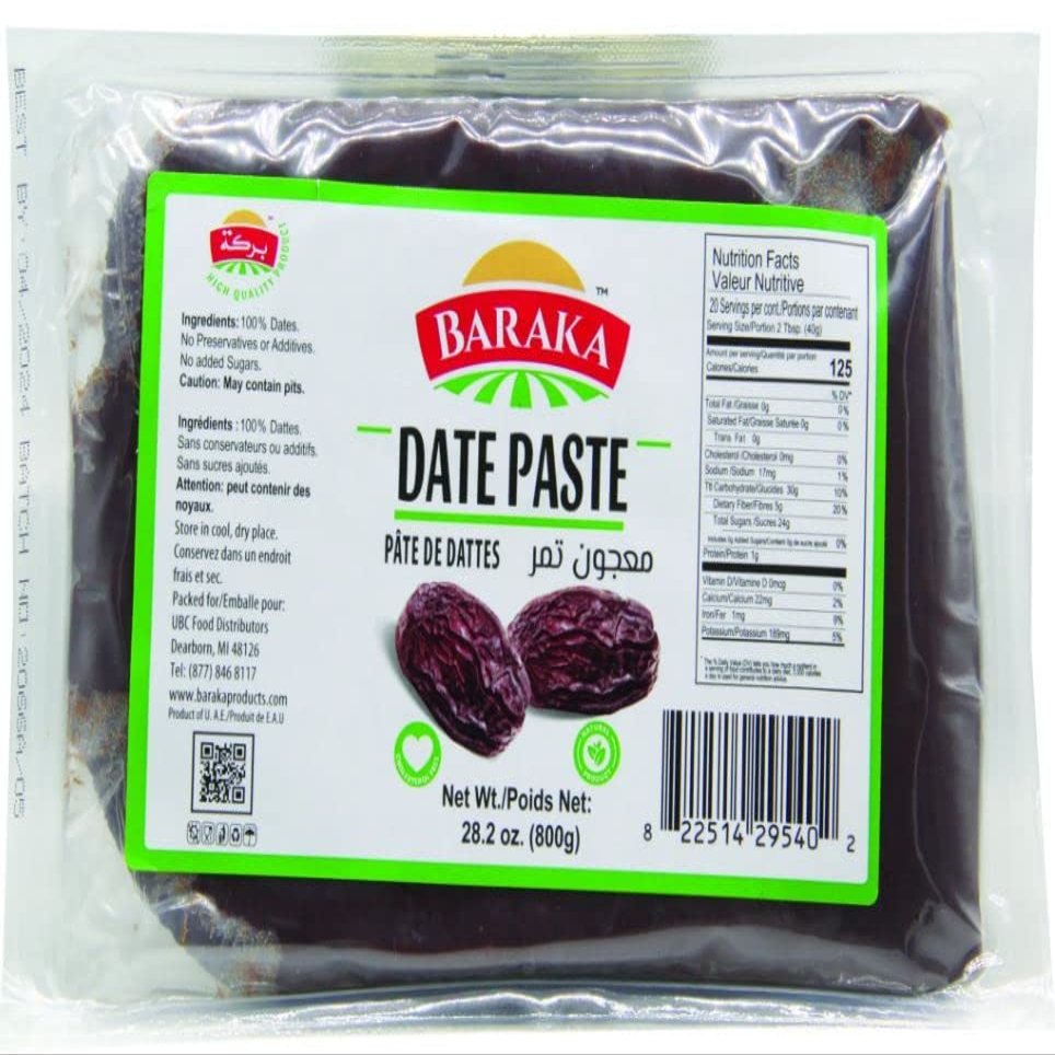 Baraka Date Paste No Sugar Added | Vegan Date Paste for Baking Desserts, Cooking | Naturally Sweet Spread Pressed Fat-Free High Fiber Superfood No Preservatives, No Additives, 28.2 oz (Pack of 1)