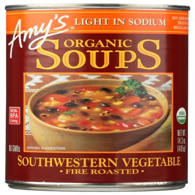 Amy's Organic Soups, Southwestern Vegetable, Fire Roasted, Light in Sodium, USDA Certified Organic, Kosher, Gluten Free & Non-GMO, 14.3 Oz (Pack of 12)