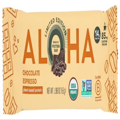 Aloha Organic Chocolate Espresso Protein Bars, 14g Plant-Based Protein, 85mg Caffeine, USDA Certified Organic, Gluten Free & Non-GMO, 1.98 Oz (Pack of 12)