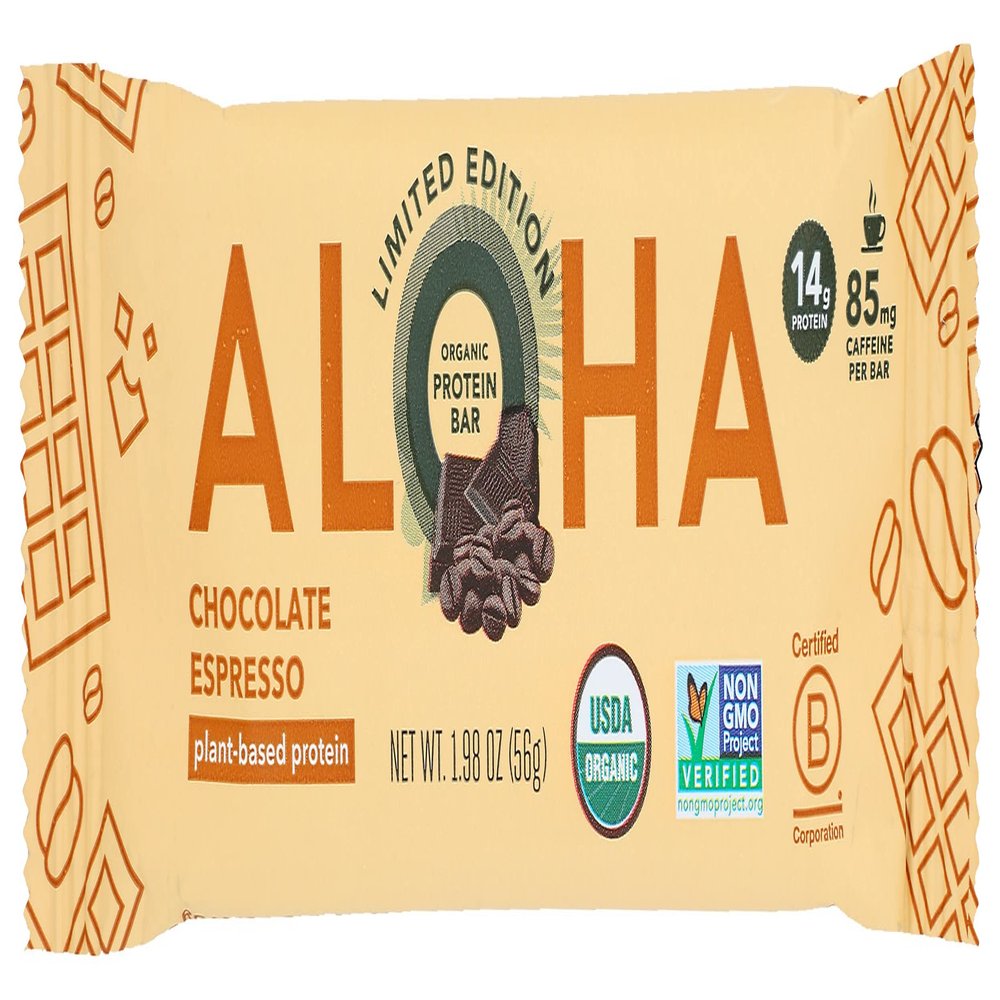 Aloha Organic Chocolate Espresso Protein Bars, 14g Plant-Based Protein, 85mg Caffeine, USDA Certified Organic, Gluten Free & Non-GMO, 1.98 Oz (Pack of 12)