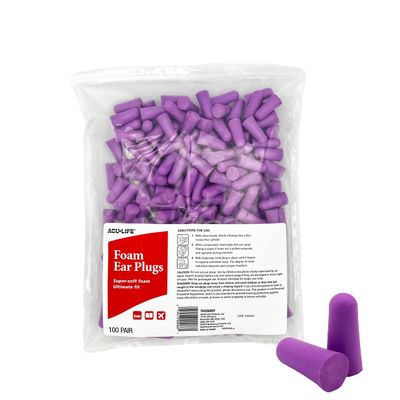 Acu-Life Foam Ear Plugs (100 Pair), Super-Soft Ear Plugs for Sleeping, Snoring, Noise, Ideal for Studying and Traveling, Ultimate Fit, Purple