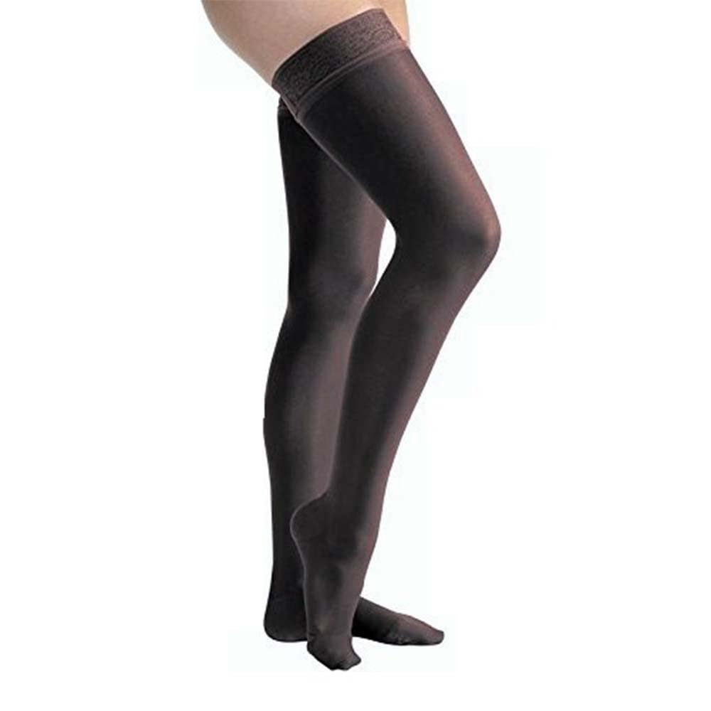 JOBST UltraSheer Compression Stockings, 20-30 mmHg, Thigh High, Silicone Lace Band, Closed Toe, Classic Black, Medium Petite