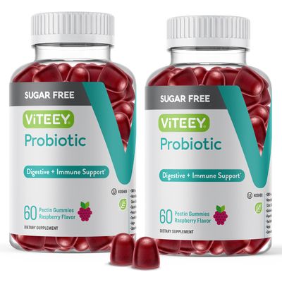 Viteey Probiotic Gummies for Women, Men & Teens, 2 Billion CFUs - Sugar Free - Immune Booster, Digestive Support, Gut Health - Vegan, Gelatin Free, GMO Free - Tasty Chewable Raspberry Flavored Gummy