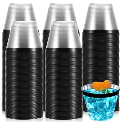 Lounsweer 100 Pcs 9oz Rimmed Plastic Cups Wedding Clear Cocktail Cups Heavy Duty Disposable Wine Glasses for Birthday Bridal Shower Baby Shower Holiday Celebrations(Black)