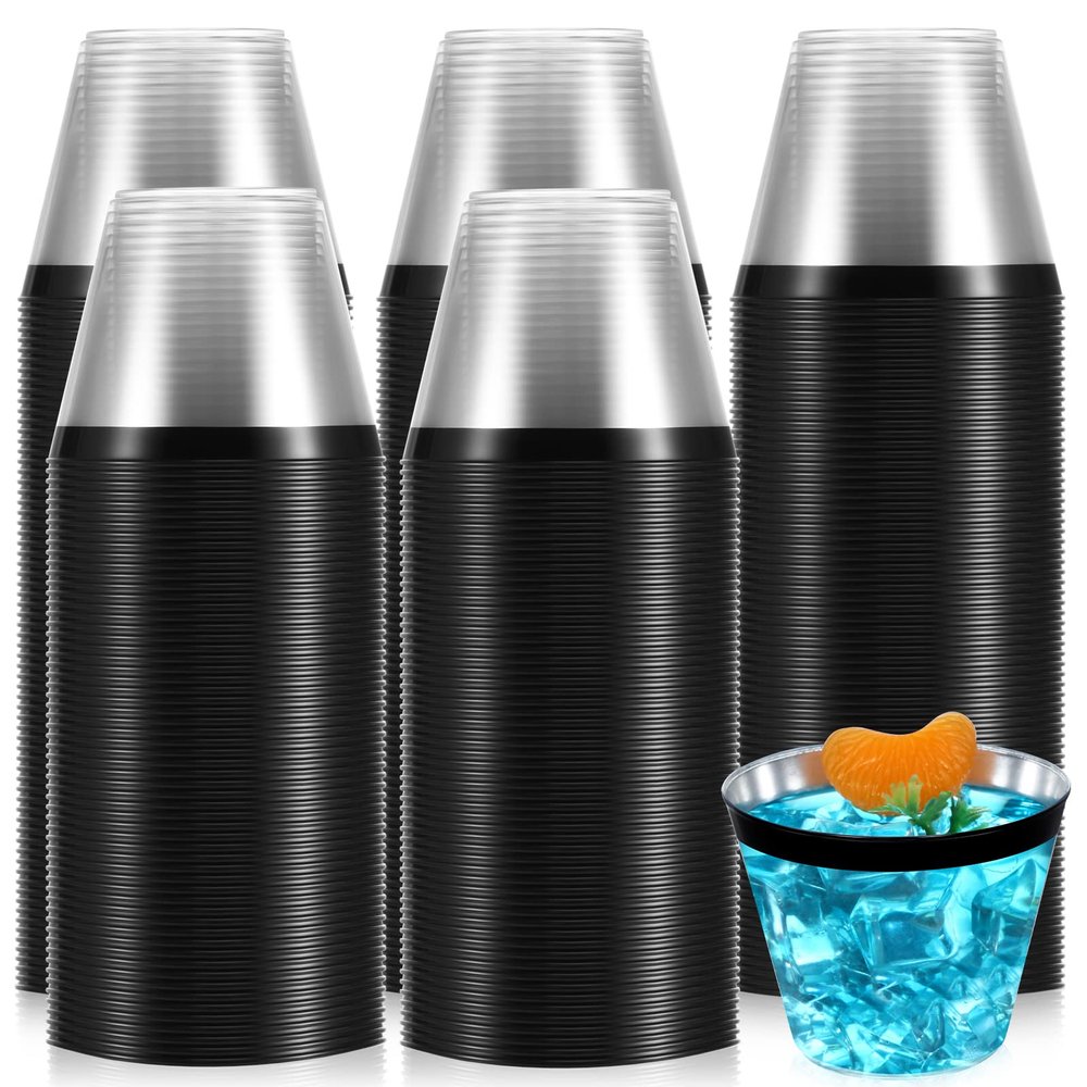 Lounsweer 100 Pcs 9oz Rimmed Plastic Cups Wedding Clear Cocktail Cups Heavy Duty Disposable Wine Glasses for Birthday Bridal Shower Baby Shower Holiday Celebrations(Black)